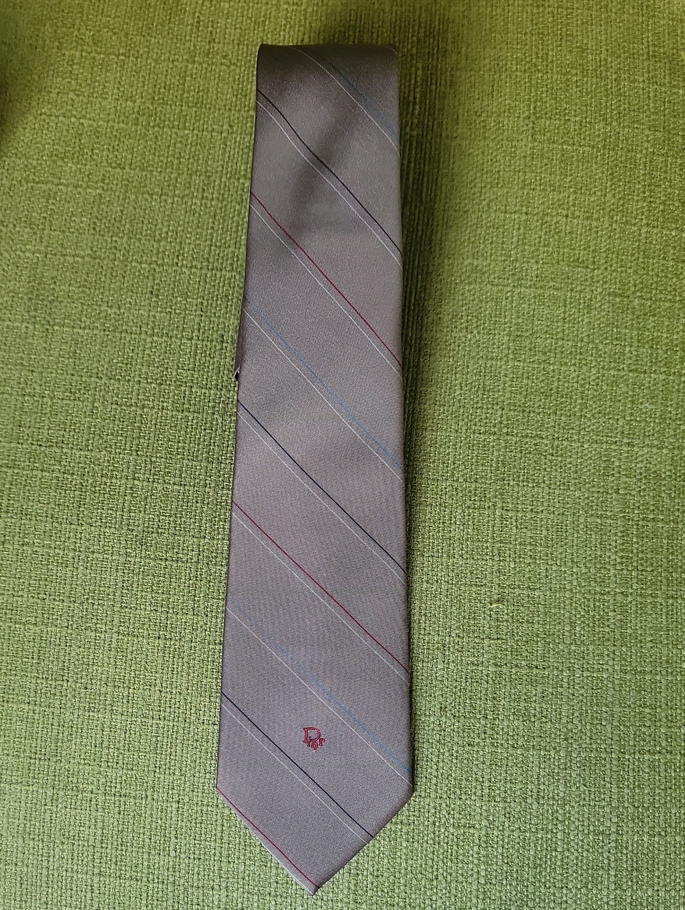 Dior Gray Silk Tie with Blue and Burgundy Stripes